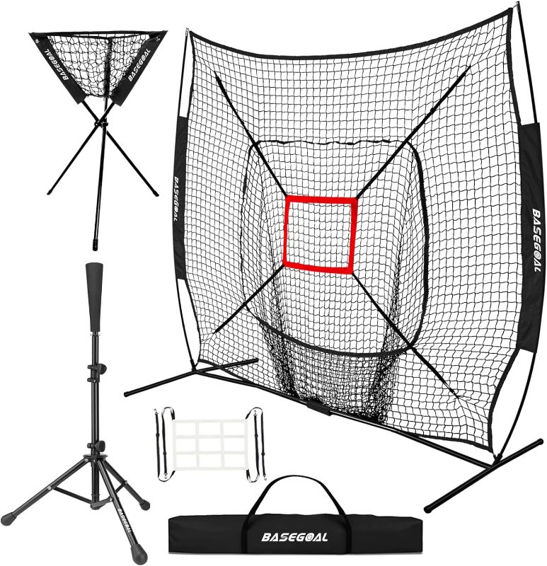 Photo 1 of BaseGoal 7'×7' Baseball Softball Practice Net,Baseball Backstop,for Hitting Pitching Batting Catching with Bow Frame,Bonus Strike Zone