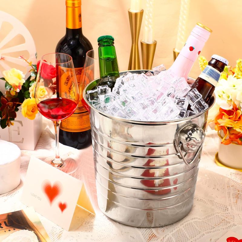 Photo 1 of 8 Pack Stainless Steel Champagne Bucket Party Ice Bucket with Handles Wine Bucket Chiller Double Wall Stainless Steel Party Beverage Chiller Pail for Champagne Beer Drinks Banquet Bar Party (3 Qt)