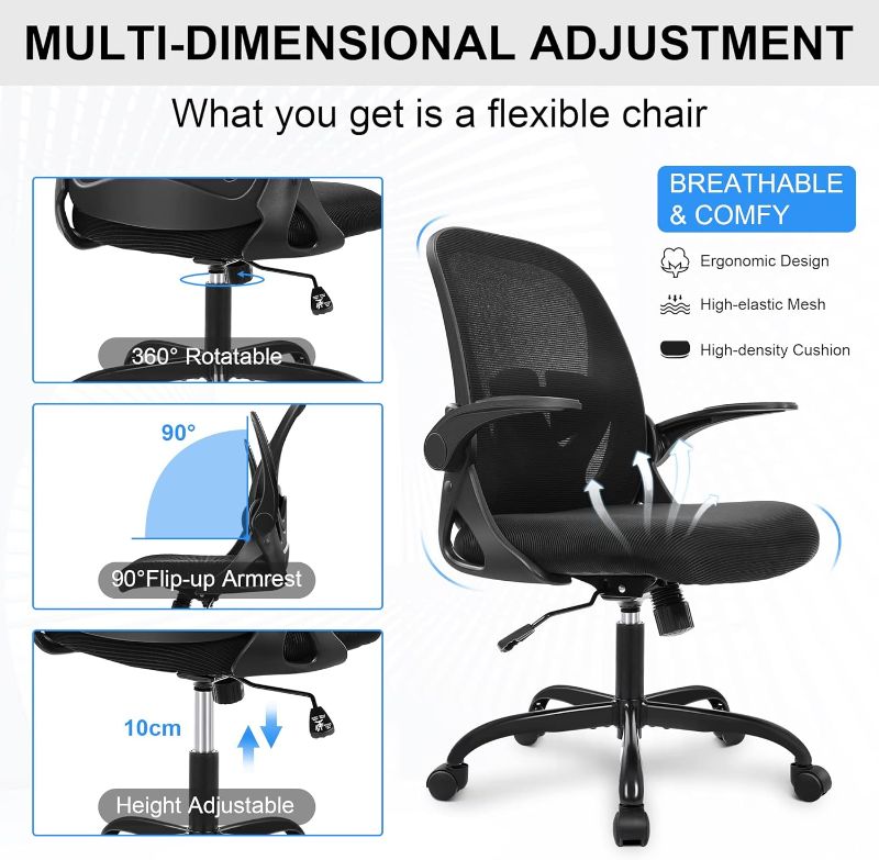 Photo 1 of Primy Office Ergonomic Desk Chair with Adjustable Lumbar Support and Height, Swivel Breathable Mesh Computer Chair with Flip up Armrests for Conference Room (Black)