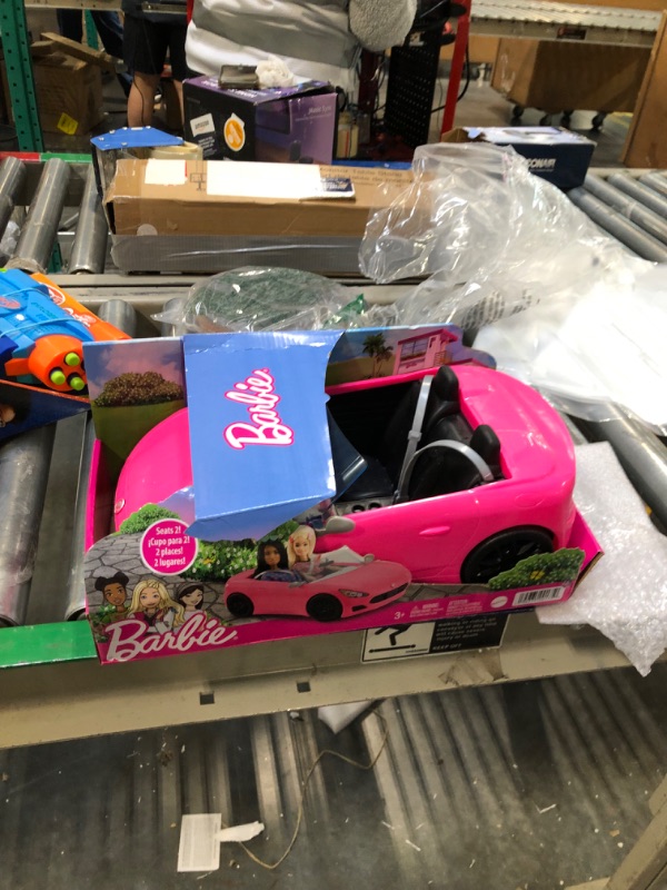 Photo 2 of Barbie Toy Car, Bright Pink 2-Seater Convertible with Seatbelts and Rolling Wheels, Realistic Details