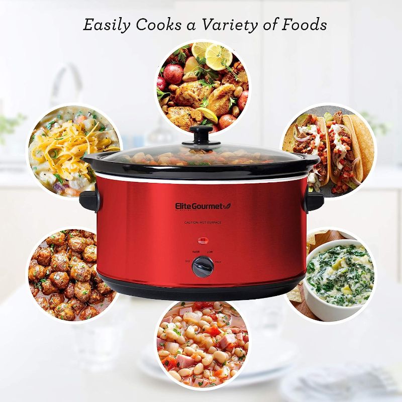 Photo 1 of Elite Gourmet MST-275XR Electric OVAL  Slow Cooker, Adjustable Temp, Entrees, Sauces, Stews & Dips, Dishwasher Safe Glass Lid & Crock, Metallic Red(SMOLL)