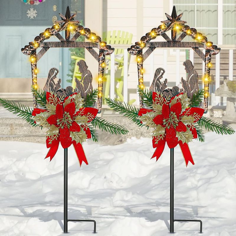 Photo 1 of 2 Pcs Nativity Scene Outdoor Yard Stakes Metal Christmas Light Decorations LED Christmas Decorations Nativity Scene Outdoor Solar Outdoor Lighted Nativity Scene for Pathway Garden Lawn (Classic)
