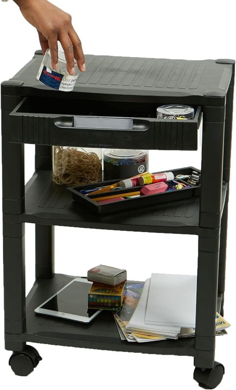 Photo 1 of Mind Reader 3-Shelf Printer Cart, Stand with Wheels, Drawer, Cord Management, Black
