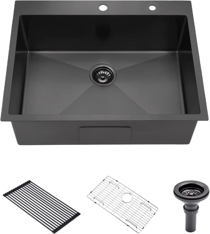 Photo 1 of 25 Inch Black Drop In Kitchen Sink, Luckyhorse 16 Gauge Stainless Steel Nano Black Topmount Kitchen Sink with 2 holes LH002S
