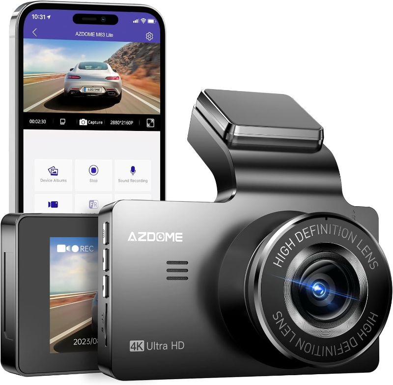 Photo 1 of AZDOME 4K Dash Cam Front, 3 Inch IPS Screen Dash Camera, 2160P Car Camera with Night Vision WDR, Built-in WiFi G Sensor, Loop Recording, 24H Parking Mode, Super Capacitor, Screen Saver (M63 Lite)
