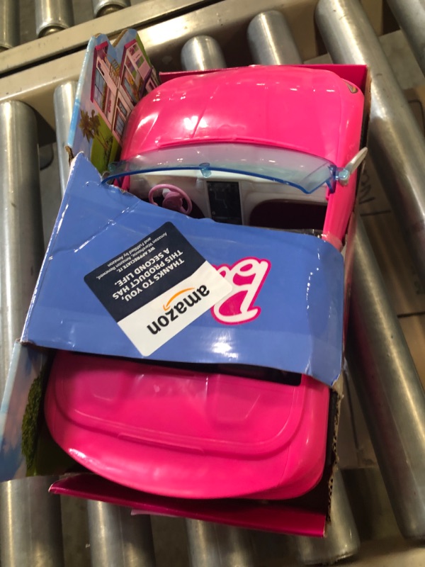 Photo 2 of Barbie Toy Car, Bright Pink 2-Seater Convertible with Seatbelts and Rolling Wheels, Realistic Details