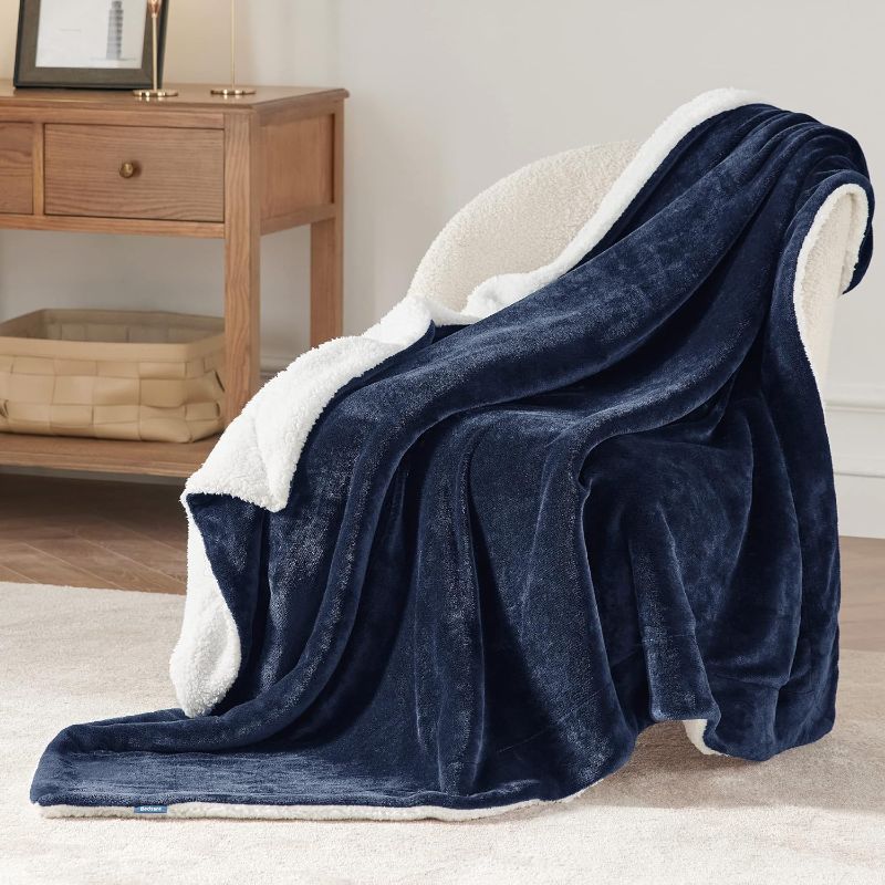 Photo 1 of  Sherpa Fleece Throw Blanket for Couch - Thick and Warm Blanket for Winter, Soft and Fuzzy Throw Blanket for Sofa, Fall Throw Blanket, Navy