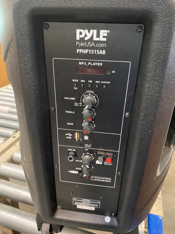 Photo 3 of Pyle Portable Bluetooth PA Speaker - 80W 15” Rechargeable Outdoor Wireless BT Audio System w/Party Lights, Digital Display, FM/AUX/MP3/USB/SD, Mic in, Handle, Wheels - Microphone, Remote
