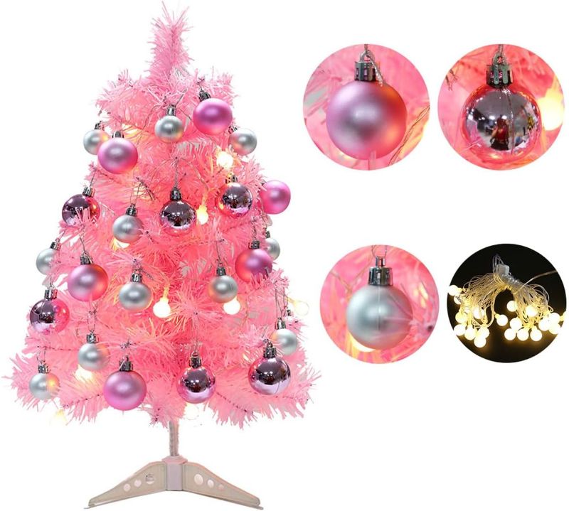 Photo 1 of Anifer Pink Christmas Pine Tree, 2?/60cm Artificial Tabletop PVC Mini Christmas Tree with LED String Lights & Ornaments for Holiday Home Office Decoration
