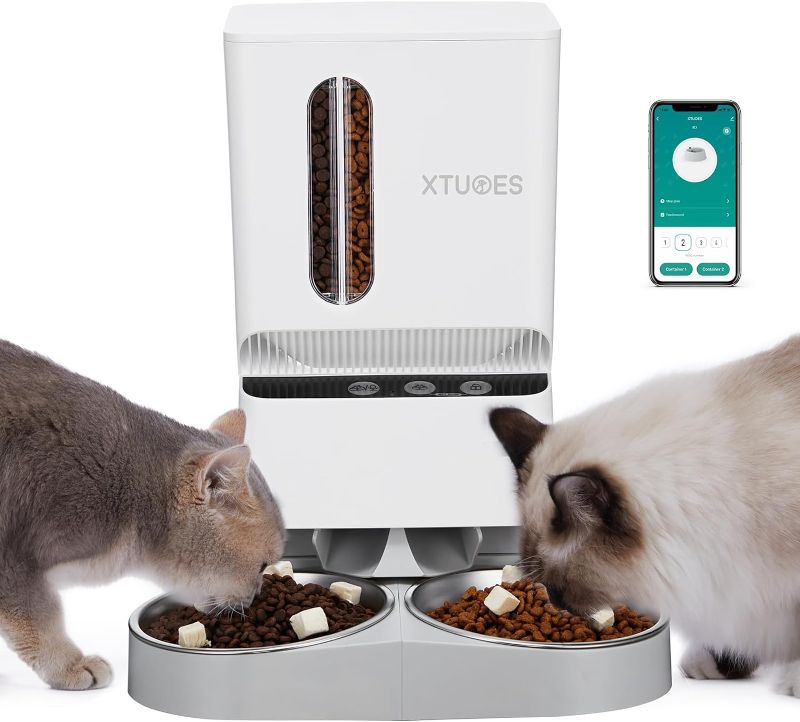 Photo 1 of XTUOES Automatic Cat Feeders for 2 Cats, 2.4G WiFi Automatic Cat Feeder with Double Hoppers for 2-18mm Kibble, 1-10 Meals & 30s Voice Record for Small Medium Cat Dog Pet
