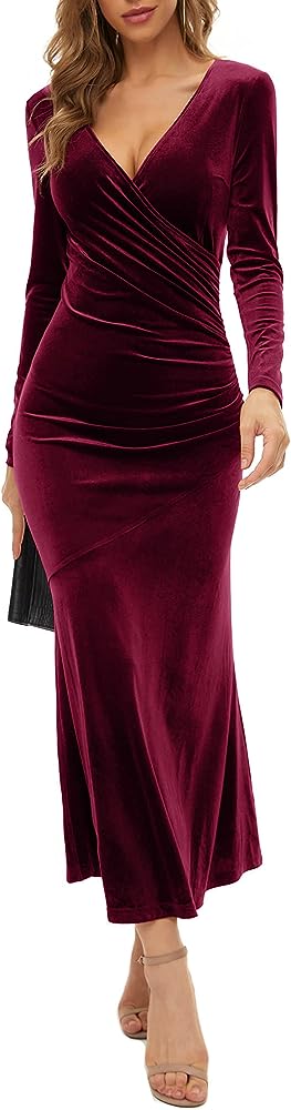 Photo 2 of ZABERRY Womens Wrap V Neck Long Sleeve Elegant Mermaid Ruched Velvet Wedding Guest Cocktail Evening Party Maxi Dresses