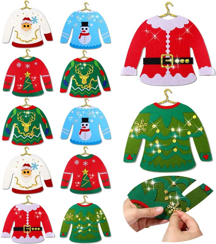 Photo 1 of 12 Pieces Christmas Ugly Sweaters DIY Ornaments Kits Christmas Tree Ornaments Holiday Craft Kits with 12 Pieces Mini Metal Hangers Xmas Props Accessories for Christmas Party Favor Decoration Supplies