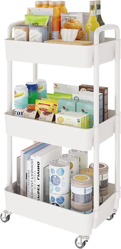 Photo 1 of Laiensia 3-Tier Storage Cart,Multifunction Kitchen Storage Organizer,Mobile Shelving Unit Utility Rolling Cart with Lockable Wheels for Bathroom,Laundry,Living Room,With Classified Stickers,White