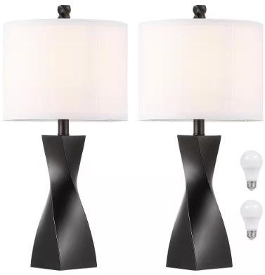 Photo 1 of 23 .5 in. Black Table Lamp with White Linen Shade, 9.5-Watt LED Bulbs Included (Set of 2)