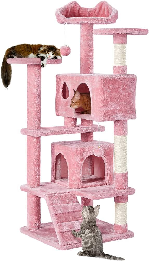 Photo 1 of Yaheetech 54in Cat Tree Tower, Multi-Level Cat Tree for Indoor Cats with Scratching Posts, Dangling Balls Cat Play House, Pink