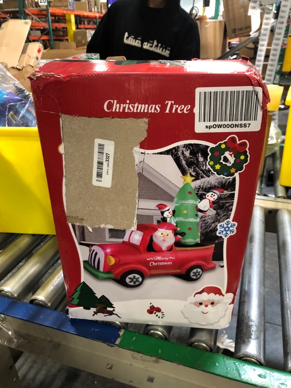Photo 1 of 8 FT Christmas Inflatables Yard Decorations, Blow Up Santa on Red Truck with Christmas Tree and Elfs, Light Up Holiday Inflatables for Indoor Outdoor, Xmas Party, Lawn, New Year