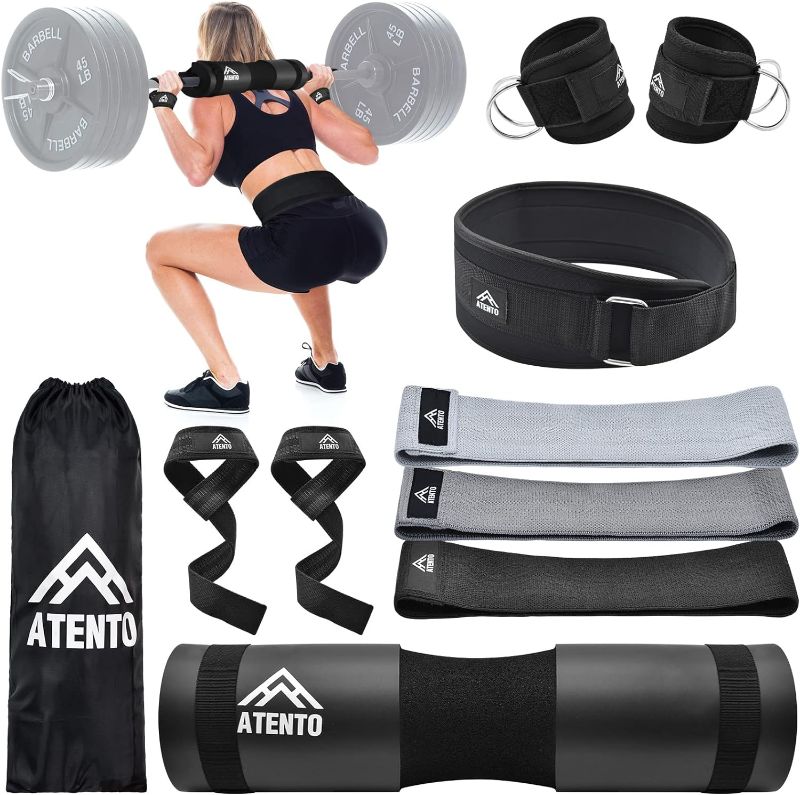 Photo 1 of ATENTO 10Pcs Barbell Pad Set with Weight Lifting Belt for Squat, Hip Thrusts, Lunges, Leg day, Fits for Standard Olympic Bars and Smith Machine, Premium 3 levels Hip Resistance Band, 2 Gym Ankle Safety Straps, 2 Lifting Straps, Barbell Pad, Carry Bag