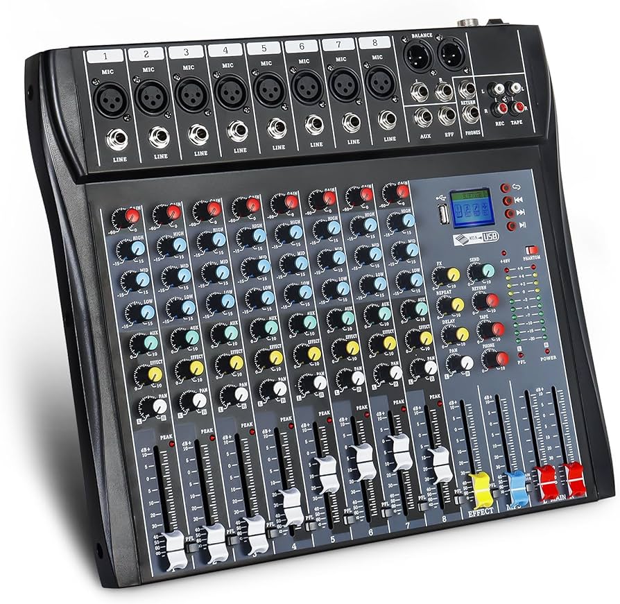 Photo 1 of 8 Channel Audio Mixer Professional DJ Mixer Sound Board Reverb Delay Effect USB Audio Interface 48V Phantom Power Bluetooth DJ Studio Streaming for Recording Podcasting