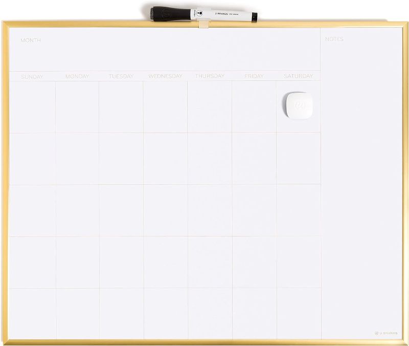 Photo 1 of U Brands Dry Erase Calendar with Gold Aluminum Frame Set, Office Supplies, with Magnet and Marker, 16” x 20”, 3 Pieces