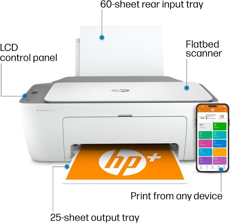 Photo 1 of HP DeskJet 2755e Wireless Color All-in-One Printer with bonus 6 months Instant Ink (26K67A), white