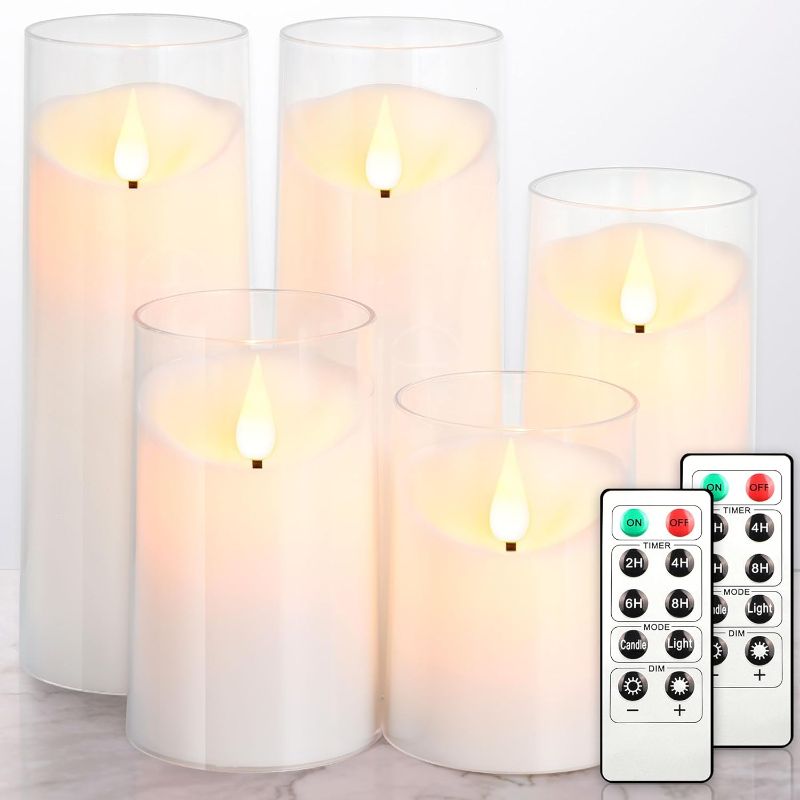 Photo 1 of NURADA Flickering Flameless Candles: Acrylic LED Pillar Candles Battery Operated with Remote and Timer Imitation Glass Candle for Home Table Bathroom Decor, Pure White Pack of 5 (D 3"×H 4"5"6"8"8")