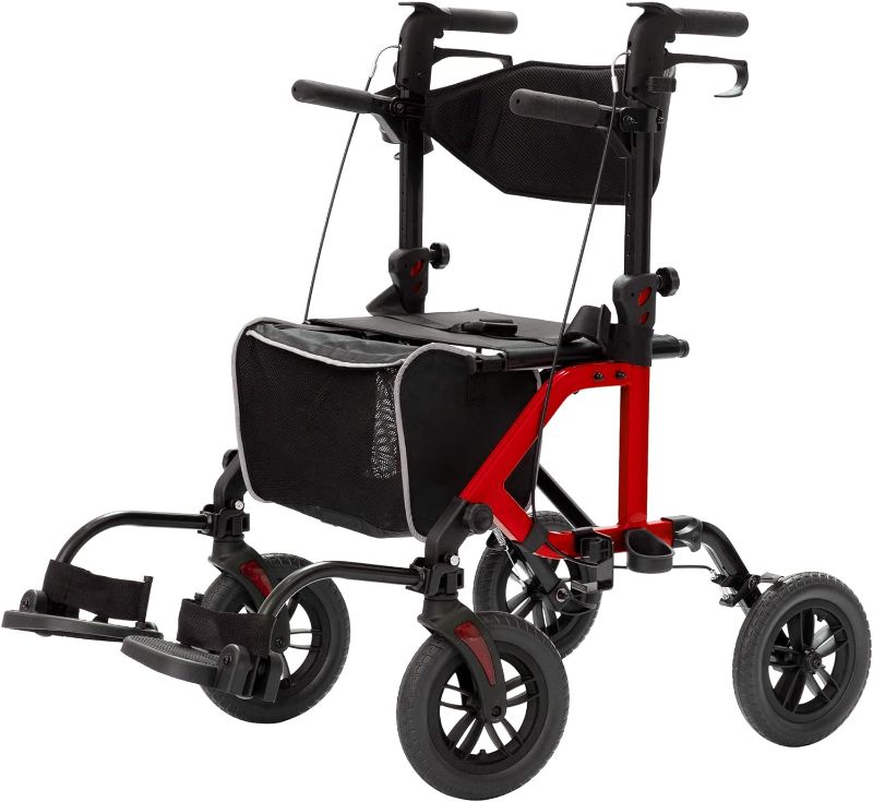 Photo 1 of ELENKER All-Terrain 2 in 1 Rollator Walker & Transport Chair, Folding Wheelchair with 10” Non-Pneumatic Wheels for Seniors, Reversible Backrest & Detachable Footrests, Red