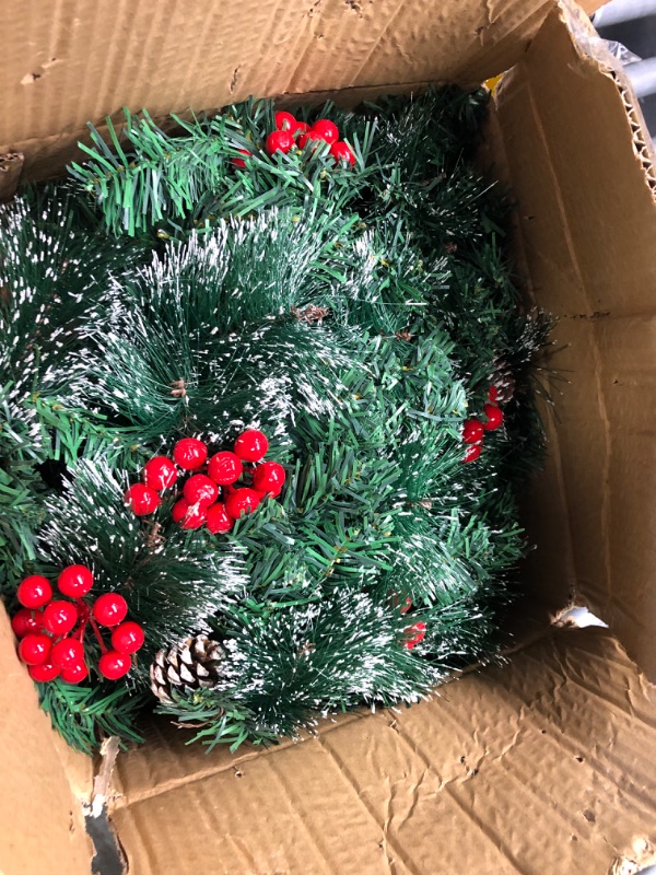 Photo 1 of 9 Ft by 10 Inch 100 LED Christmas Garland Decor Lights Timer 8 Flash Mode Thick 250 Snowy Tips 198 Red Berry 18 Pinecone Battery Operated Prelit Xmas Garland Decoration Mantel Home Indoor(Colorful)