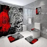 Photo 1 of 4 Pcs Leopard Cheetah Shower Curtain Sets with 12 Hooks,African Bathroom Decor Sets Wildlife Cheetah Shower Curtains and Toilet Mat Lid Rug Lion Animal Bathroom Decor Sets with Rugs (Black Lion)