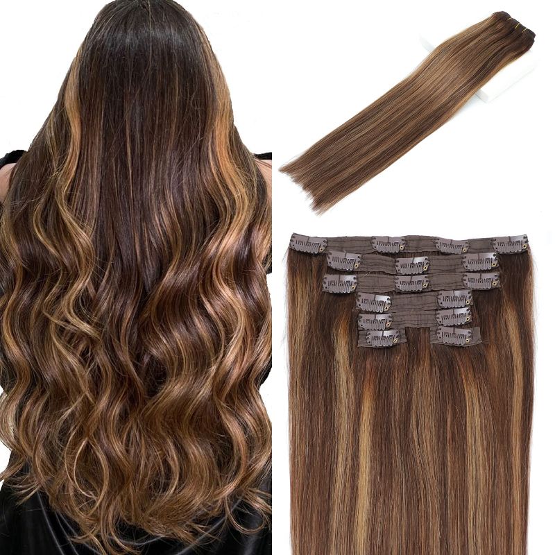 Photo 1 of Realways Clip in Human Hair Extensions 22 Inch 120g 7pcs Chocolate Brown to Caramel Blonde Balayage Clip in Hair Extensions Human Hair Real Hair Extensions Clip in Human Hair Extensions Clip ins Thick Double Weft (TP4/27/4, 22 Inch)
