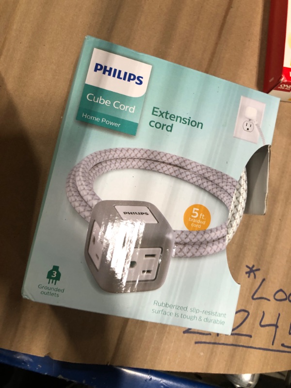 Photo 2 of Philips 3-Outlet Extension Cord Cube with 2 USB-A Ports, 5 Ft Power Cord, Outlet Extender, Braided Cord, Space-Saving Flat Plug, 2.4A, Rubberized Finish, White, SPS3052WB/37 5 Ft | 2 USB Ports Gray/White