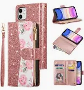 Photo 1 of Wallet Case for iPhone 11 6.1 inch, Glitter PU Leather Magnetic Closure Handbag Zipper Pocket Case Kickstand Card Holder Slots with Wrist Strap TPU Shockproof Flip Cover - Bling Rose Gold