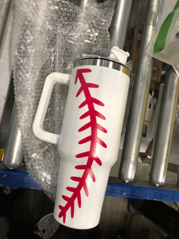 Photo 1 of 40 Oz Baseball Tumbler With Handle and Straw,Large Capacity Stainless Steel Vacuum Insulated Travel Coffee Mug Water Bottle,White