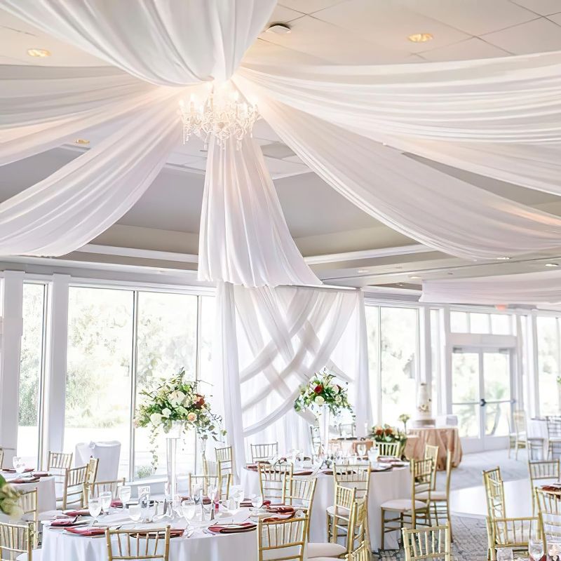 Photo 1 of Fanqisi White Ceiling Drapes 4 Panels 5ftx20ft Long Glossy Ceiling Draping Curtains Soft Swag for Wedding Halls Canopy Decorations