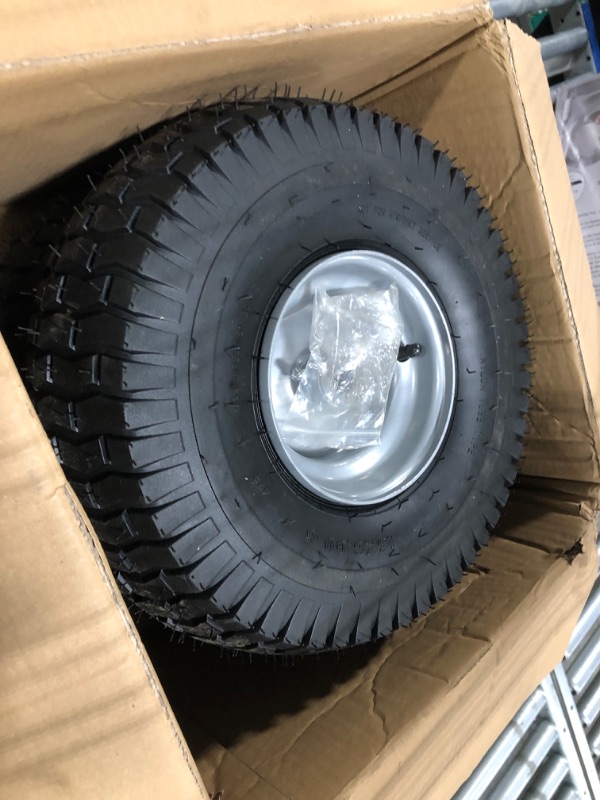 Photo 1 of (2 Pack) 15 x 6.00-6 Front Tire and Wheel Set - 4-Ply Replacement Tires with Wheels Assemblies for John Deere Riding Mower - for Lawn Tractors with 3" Centered Hub and 3/4" Bushings, Silver