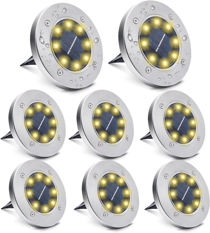 Photo 1 of 8 Pack Solar Ground Lights,8 LED Waterproof In-Ground Lights Solar Garden Lights Patio Disk Lights Outdoor Landscape Lighting for Lawn, Patio, Pathway, Yard, Deck, Driveway,Walkway (Warm White)
