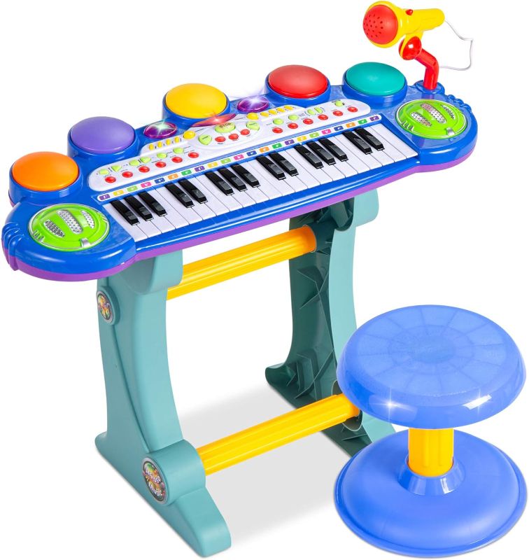 Photo 1 of Best Choice Products 37-Key Kids Electronic Musical Instrument Piano Learning Toy Keyboard w/ Multiple Sounds, Lights, Microphone, Stool - Blue