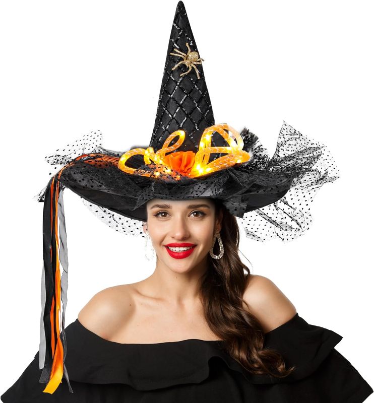 Photo 1 of UNKENBO Black LED Light Witch Hats for Women - Fancy Light Weight Halloween Witch Hat with Cute Lace and Large Hat Brim Unique Halloween Designs and Golden Spider for Witch Costumes Size: 20 inch