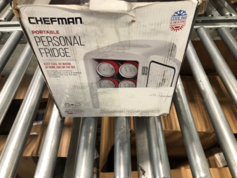 Photo 3 of Chefman Mini Portable White Personal Fridge Cools Or Heats & Provides Compact Storage For Skincare, Snacks, Or 6 12oz Cans W/ A Lightweight 4-liter Capacity To Take On The Go