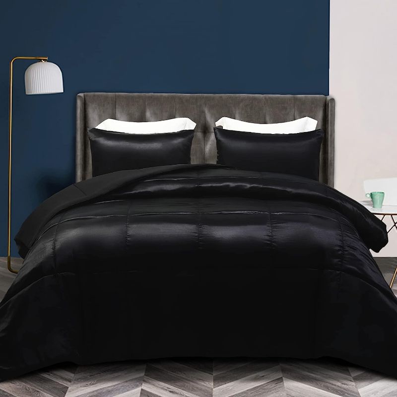 Photo 1 of  3-Piece Reversible King Size Comforter Set/Bedding Set, Soft Satin Comforter with 2 Satin Pillowcases, Lightweight Duvet Set for All Seasons, Black