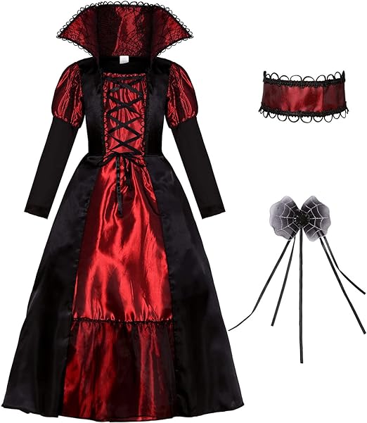 Photo 1 of  Royal Vampire Costume Set for Girls Halloween Costumes Dress Up Party Witch Cosplay Carnival Trick or Treating, has tricke or treat bag