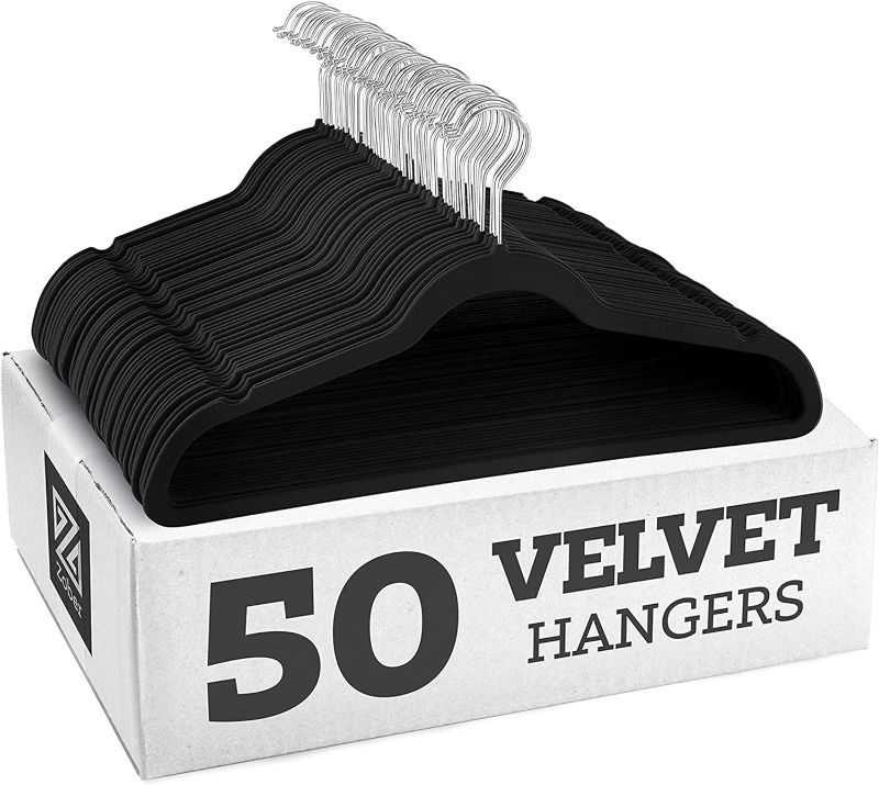 Photo 1 of  Zober Velvet Hangers 50 Pack - Heavy Duty Black Hangers for Coats, Pants & Dress Clothes - Non Slip Clothes Hanger Set - Space Saving Felt Hangers for Clothing
