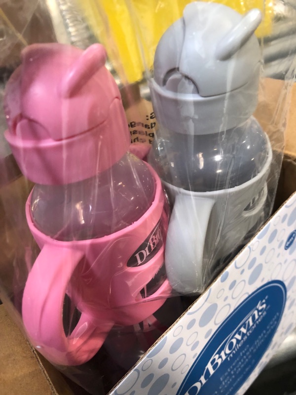 Photo 4 of Dr. Brown's Milestones Narrow Sippy Straw Bottle with 100% Silicone Handles, 8oz/250mL, Gray & Pink, 2 Pack, 6m+ 2 Pack, Gray & Pink