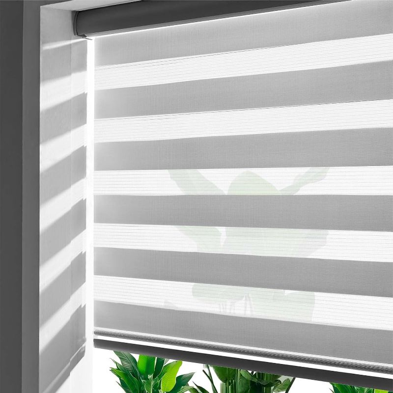 Photo 1 of Zebra Blinds Roller Shades for Windows, Pretection Privacy, Light Filtering Control Day and Night, Corded Roll Pull Down Blind for Home and Office (Grey - Width 3 0", Max Drop