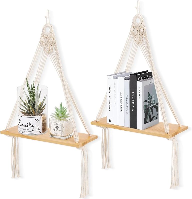Photo 1 of   Wall Hanging Shelf Set of 2,Boho Wooden Display Floating Shelves for Wall Decor with Handmade Woven Rope,Farmhouse Rustic Plant Shelf for Bedroom Dorm Nursery Living Room Bathroom.

similar to image