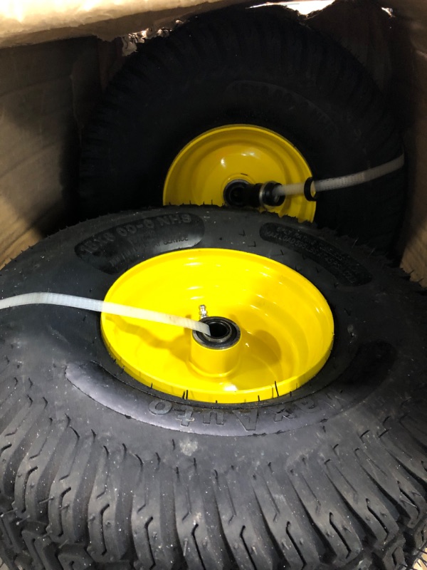 Photo 3 of MaxAuto 2 Pcs Lawn Mower Tires 15x6.00-6 with Wheel for Riding Mowers, 3" Offset Hub Long with 3/4" bearings, Pneumatic Tire