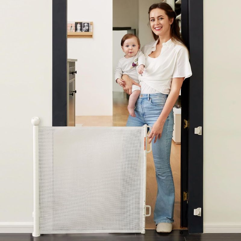 Photo 1 of   Auto Lock Retractable Baby Gate, Safety Gate for Baby and Pet, 33” Tall, Extends to 55” Wide, Mesh Safety Dog Gate for Stairs, Indoor, Outdoor,...