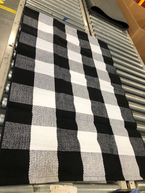 Photo 3 of  Buffalo Plaid Outdoor Rug 27.5 x 43 Inches Cotton Hand-Woven Checkered Front Door Mat, Washable Black Outdoor Rugs for Layered Door Mats Porch/Front Porch/Farmhouse Black and White 27.5''x 43'' Black and White Plaid