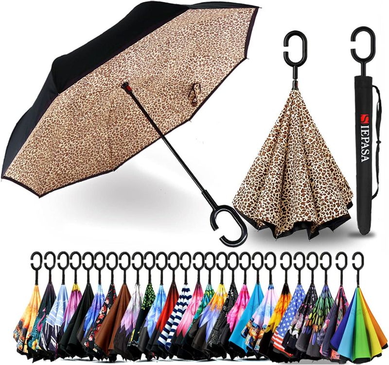 Photo 1 of SIEPASA 49 Inch Inverted Reverse Upside Down Umbrella, Extra Large Double Canopy Vented Windproof Waterproof Stick Umbrellas with C-shape Handle.
