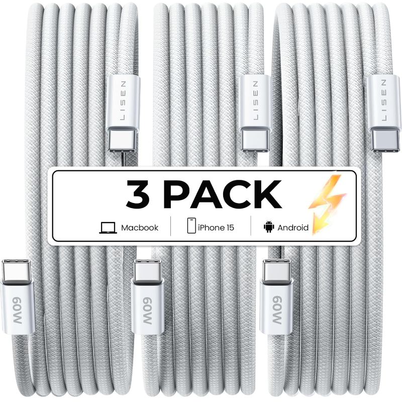 Photo 1 of LISEN USBC to USBC Cable 3-Pack 6.6ft, 60W (3.1A) Type C Charger Fast Charging, 48 Strand Nylon Braided Colorful USB-C to USB-C Cable Fast Charging for iPhone 15 Pro Max iPad Pro/MacBook Galaxy S23