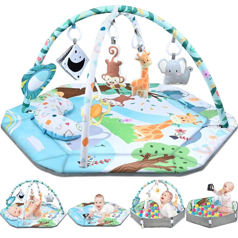 Photo 1 of Baby Gym Play Mat, 8-in-1 Tummy Time Mat & Ball Pit with 6 Toys, Washable Baby Activity Play Mat for Visual, Hearing, Sensory, Motor Development, Baby Toys Gift for Toddler Infant 0-3-6-9-12 Months
***Stock photo shows a similar item, not exact**
